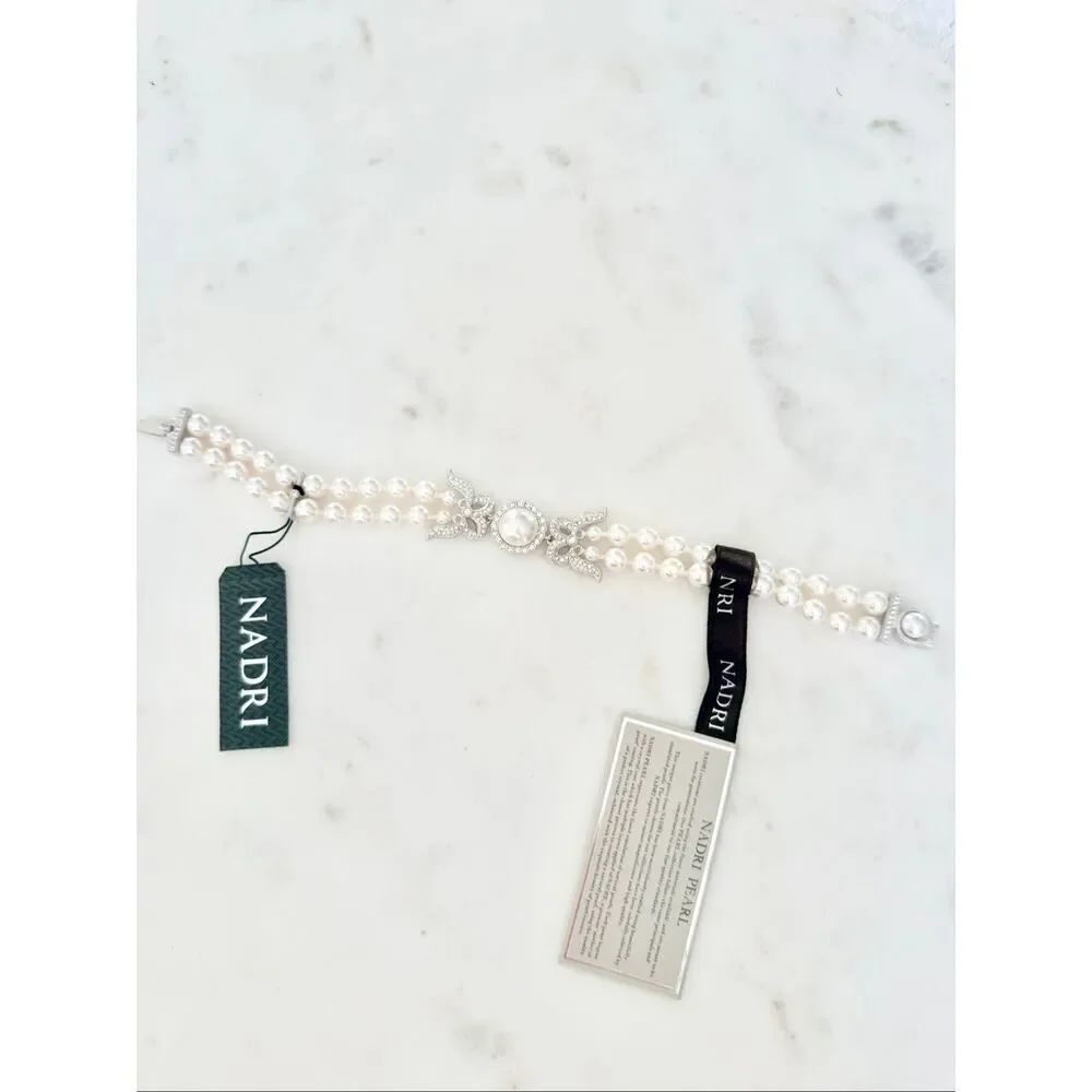 NWT Nadri Double Strand Pearl Bracelet Crystal Floral Centerpiece Bridal